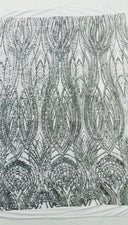 Feather Damask Shiny Sequin Design 4 Way Stretch Mesh Fabric - Iridescent Sequin Embroidered Mesh, 48-50" Width, 36" Length (1 Yard)
