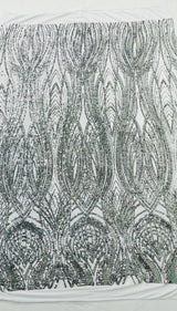 Feather Damask Shiny Sequin Design 4 Way Stretch Mesh Fabric - Iridescent Sequin Embroidered Mesh, 48-50" Width, 36" Length (1 Yard)