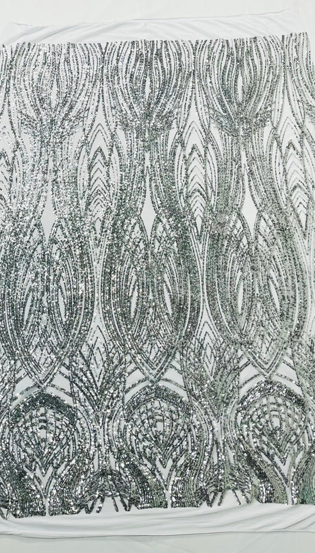 Feather Damask Shiny Sequin Design 4 Way Stretch Mesh Fabric - Iridescent Sequin Embroidered Mesh, 48-50" Width, 36" Length (1 Yard)