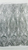 Feather Damask Shiny Sequin Design 4 Way Stretch Mesh Fabric - Iridescent Sequin Embroidered Mesh, 48-50" Width, 36" Length (1 Yard)