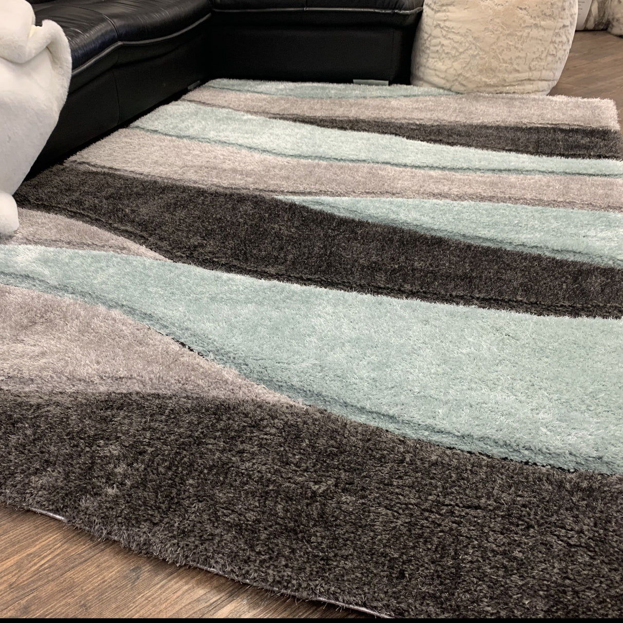 Touch Of Aqua Gray Silver Shag Area Rug Polyester Fabric - Plush Fluffy Shine 3D Stone Design, 2" Pile Height (2 Sizes)