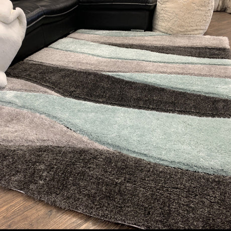 Touch Of Aqua Gray Silver Shag Area Rug Polyester Fabric - Plush Fluffy Shine 3D Stone Design, 2" Pile Height (2 Sizes)