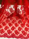Beaded Corded Bridal Lace Fabric - Embroidered Polyester Net Mesh, 48" Width, Black, Red (1 Yard)