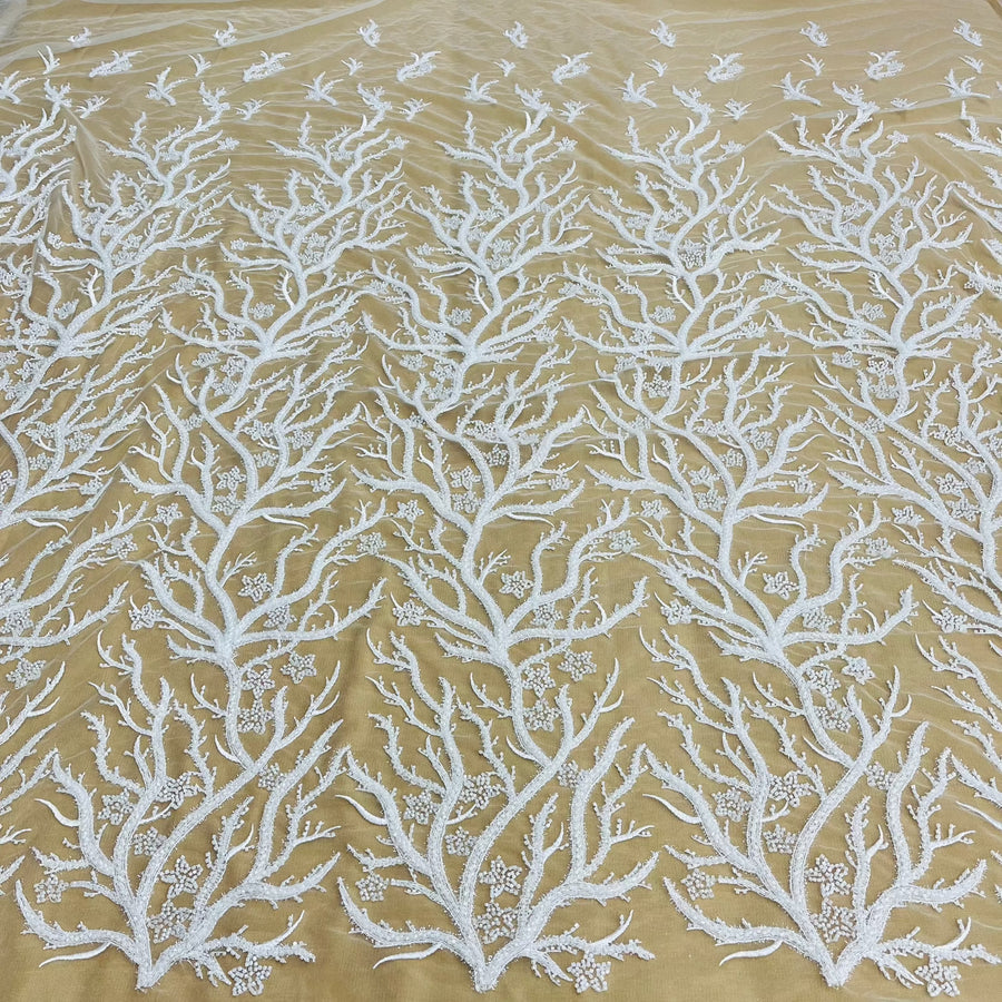 1 Yard Beaded Lace Fabric Embroidered With Fuzzy Thread on Polyester Net Mesh 54 inch Width