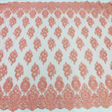 Beaded & Corded Lace Fabric - Embroidered On 100 Percent Polyester Net Mesh, Red/Jade/Coral, 54" Width (1 Yard)