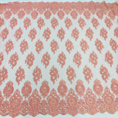 Beaded & Corded Lace Fabric - Embroidered On 100 Percent Polyester Net Mesh, Red/Jade/Coral, 54" Width (1 Yard)