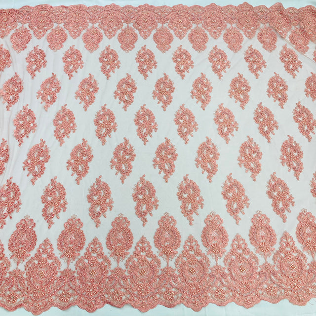 Beaded & Corded Lace Fabric - Embroidered On 100 Percent Polyester Net Mesh, Red/Jade/Coral, 54" Width (1 Yard)