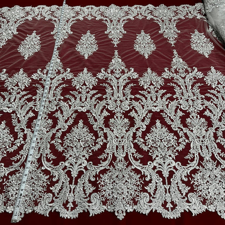 1 Yard Exquisite Bridal Lace Fabric Embroidered on 100% Polyester Net Mesh White