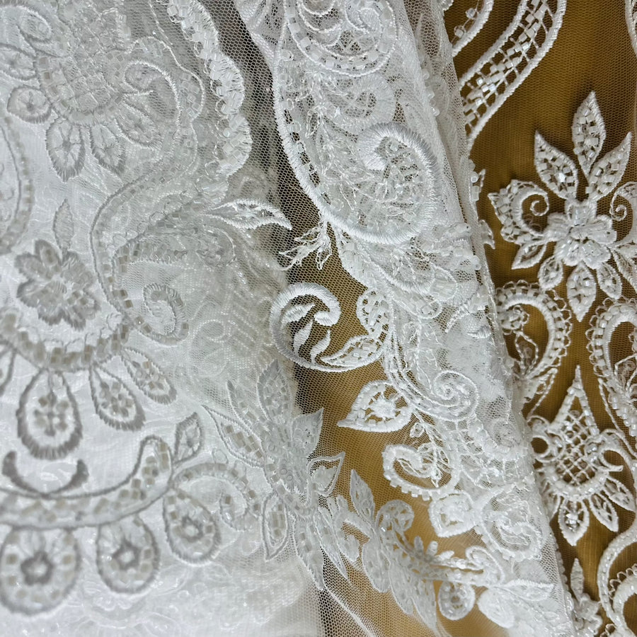 1 Yard Beaded & Sequined Lace Fabric Embroidered on 100% Polyester Net Mesh