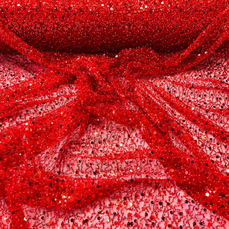 All Over Beaded Lace Polyester Fabric - Beaded, Sequins, Pearls, Mesh Lace, 54" Width (1 Yard)