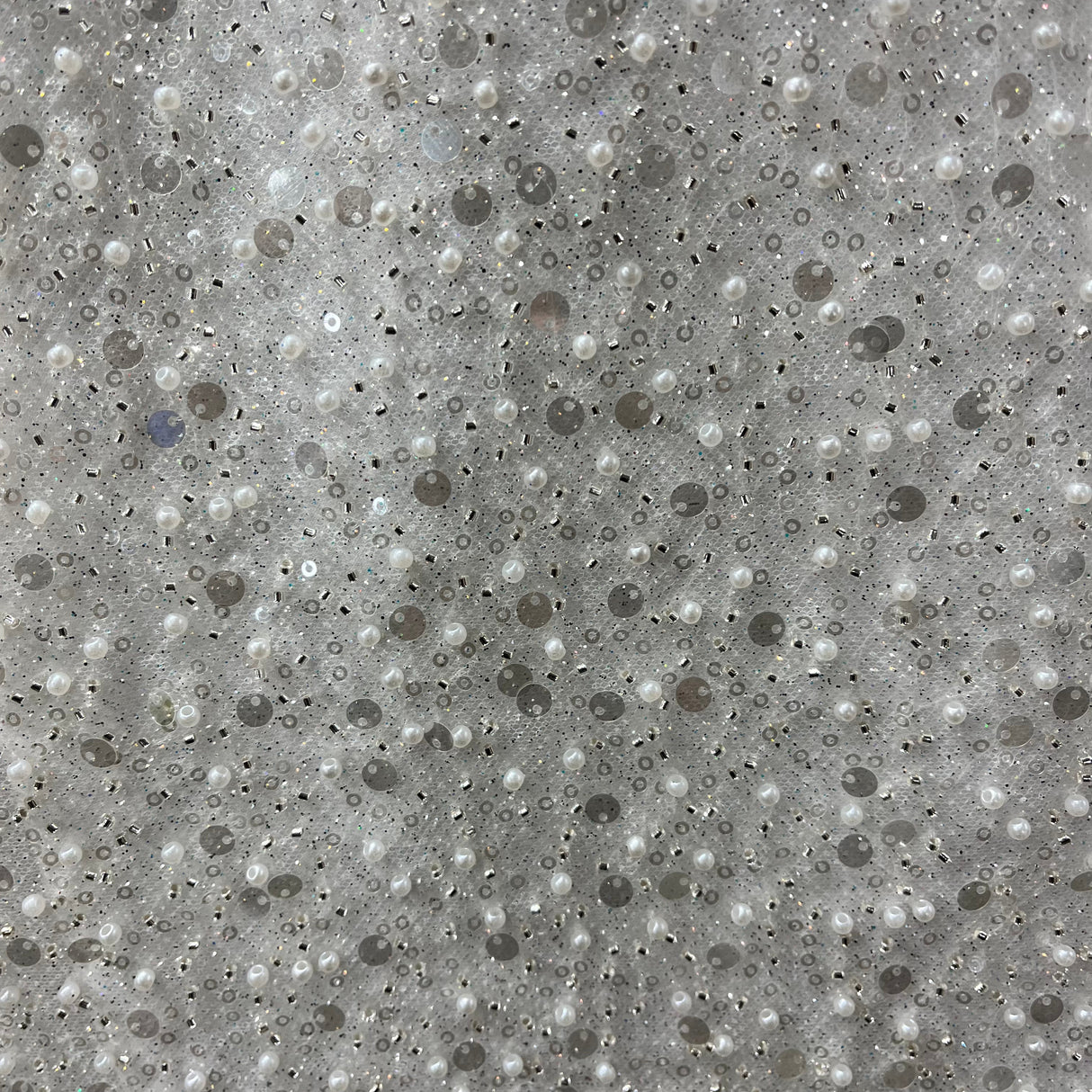 Beaded Sequined Lace Fabric Off White Silver