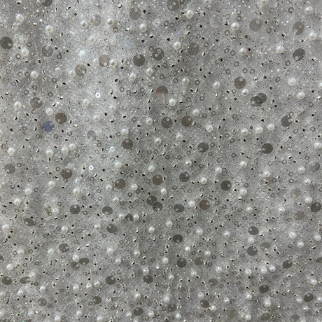 Beaded Sequined Lace Fabric Off White Silver