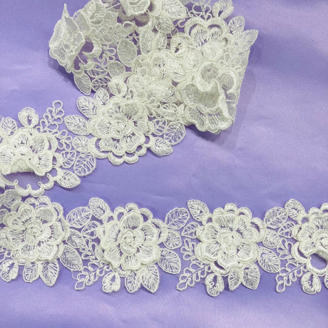 3D Floral Lace Trimming Polyester Fabric - Embroidered Net Mesh, Ivory With Silver, 3" Width (1 Yard)