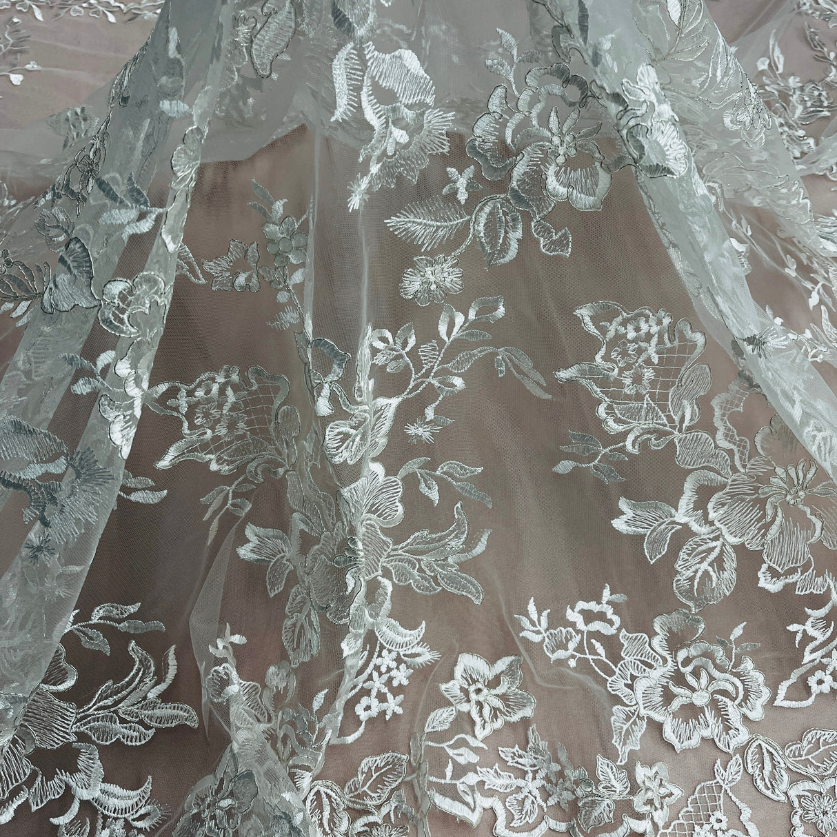 Corded Bridal Lace Fabric - Embroidered Floral Design, 53" Width (1 Yard)
