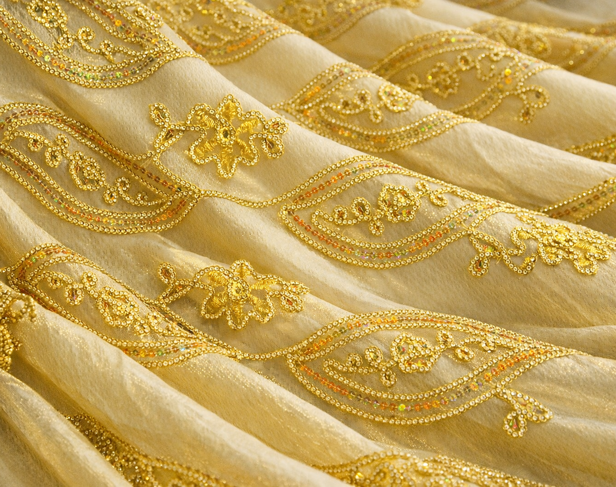 Coco Mango Polyester Fabric - Sheer Embroidery, Double Scallop Lace, Gold And Silver, 52" Width (1 Yard)