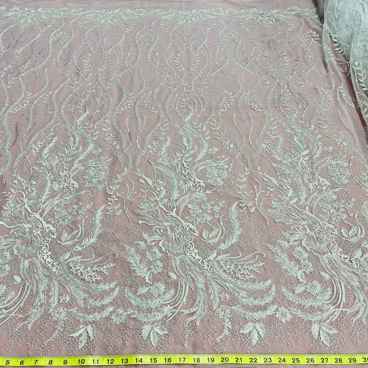 Beaded Lace Fabric - Embroidered 100 Percent Polyester Net Mesh, White, Ivory, Antique Silver, 56" Width (1 Yard)