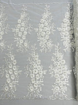 Rosa 3D Floral Design With Rhinestones Polyester Fabric - 3D Floral Embroidered Mesh Lace, 54" Width (1 Yard)