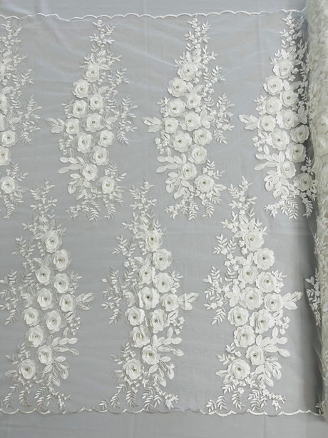 Rosa 3D Floral Design With Rhinestones Polyester Fabric - 3D Floral Embroidered Mesh Lace, 54" Width (1 Yard)