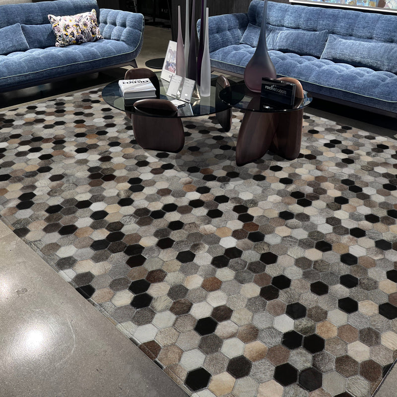 Patchwork PCH217 100% Hairon Leather Fabric - Geometric Octagon, Earthy Browns With Black Accents (5' X 7')