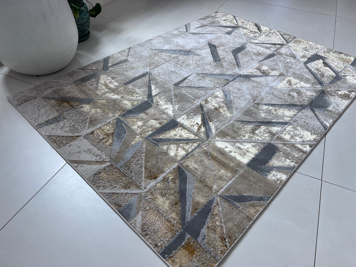 Maximus 242 Polyester Viscose Blend Fabric - Silver With Gold Geometric Design, Color-Changing Flat Weave, 10' X 13' (1 Rug)