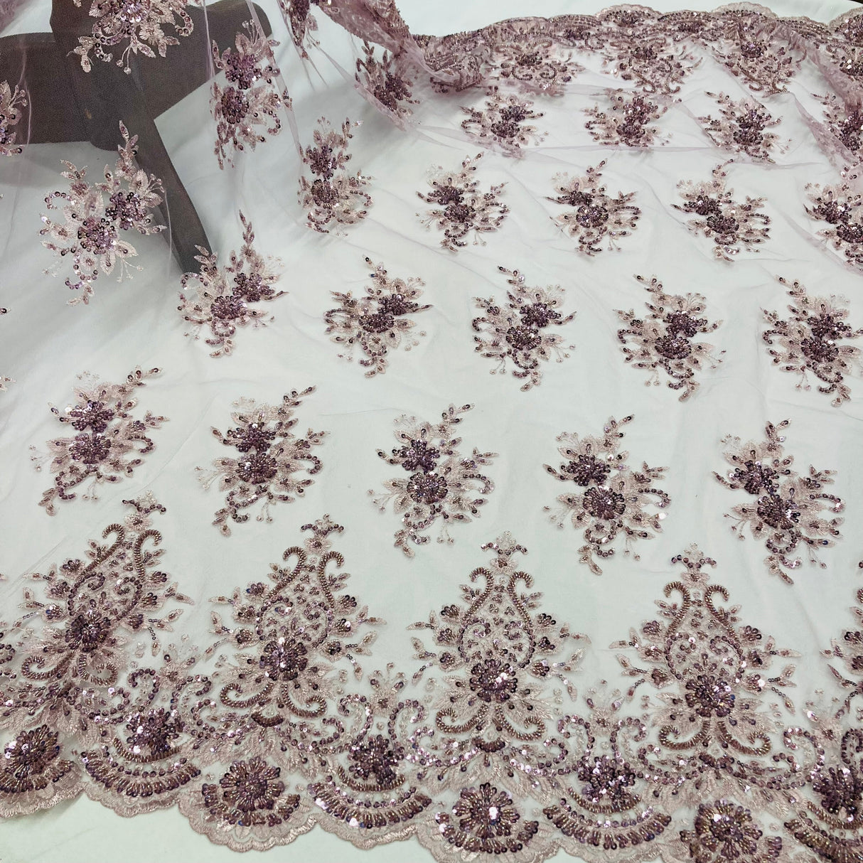 Beaded Lace Fabric on Polyester Net Mesh