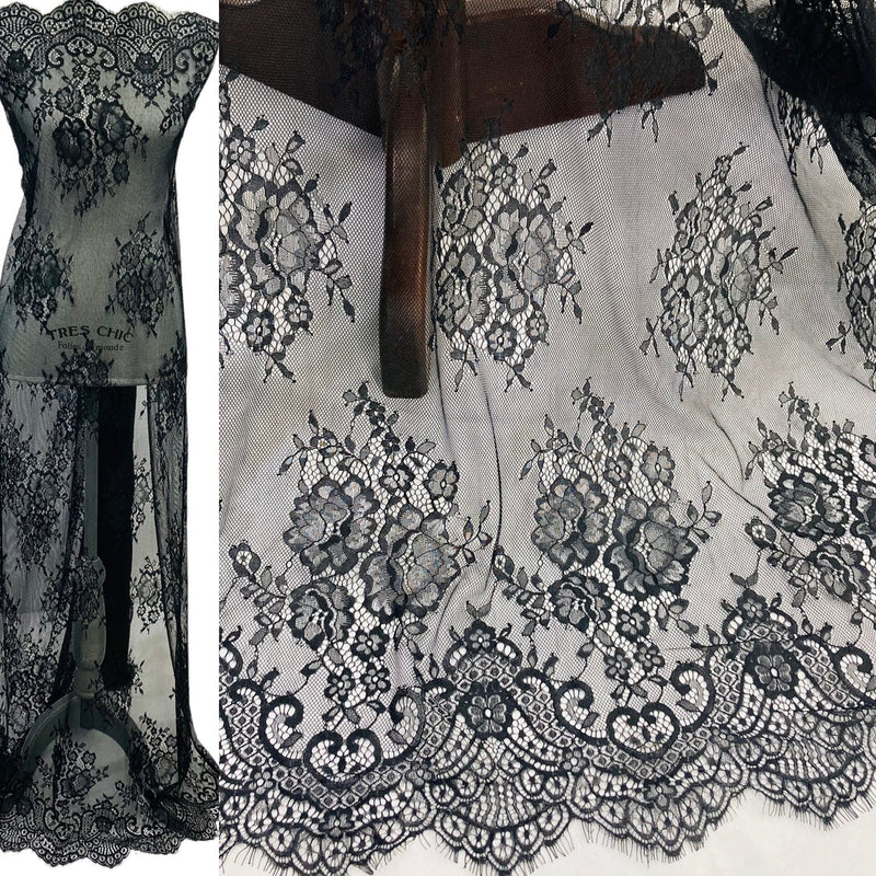 1 Panel Chantilly Embroidered Lace Fabric with Eyelash Scallop – White – 3 Yards x 60"