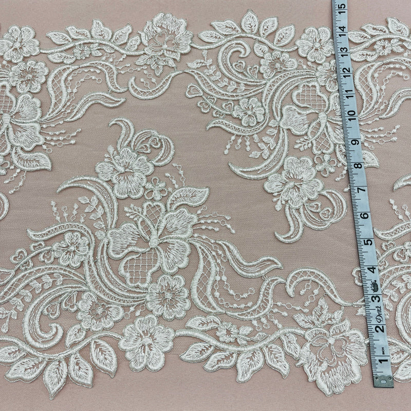 Corded Double Sided Lace Trimming Embroidered On 100 Percent Polyester Net Mesh Fabric - Ivory With Silver, Ivory, White, 15" Wide (1 Yard)