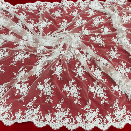 1 Yard Corded Bridal Lace Fabric Embroidered on 100 Percent Polyester Net Mesh White 56 inch Width