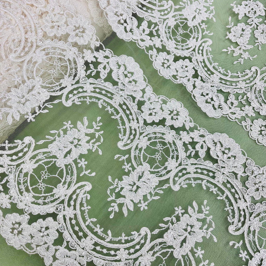 1 Yard Luxurious Beaded and Corded Bridal Lace Fabric Embroidered on 100% Polyester Net Mesh White