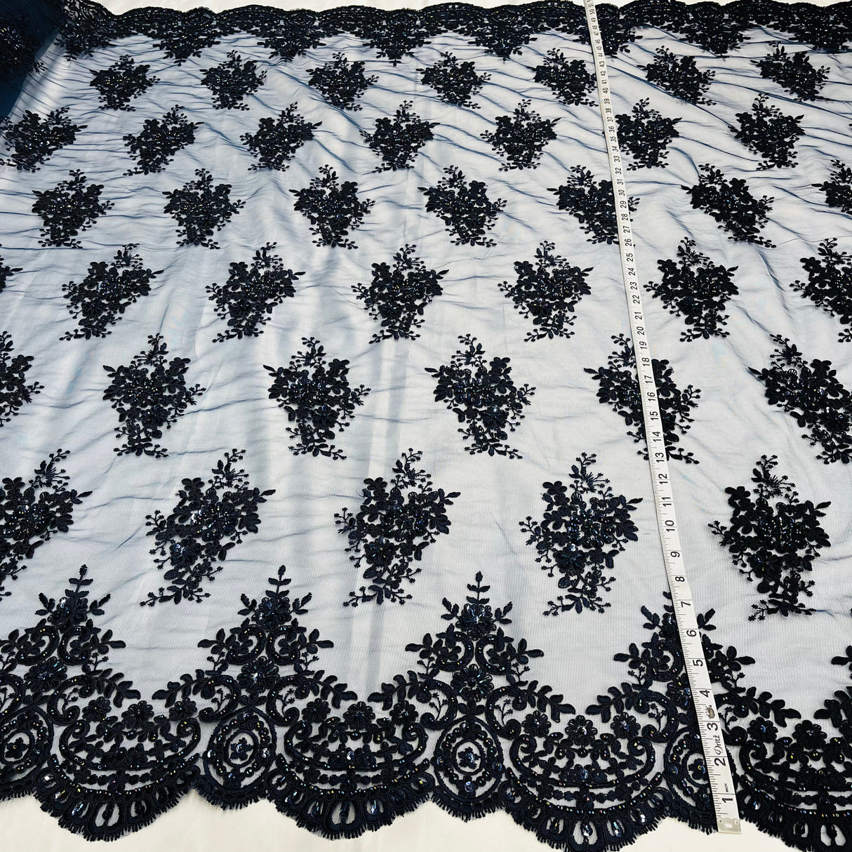 Beaded Corded Lace Fabric on Polyester Net Mesh