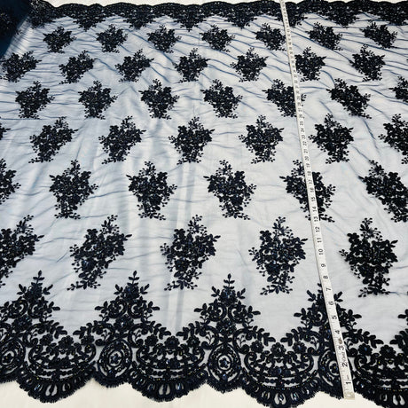 Beaded Corded Lace Fabric on Polyester Net Mesh