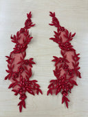 Beaded Floral Lace Applique 100 Percent Polyester Organza Fabric - Beaded Floral Applique, 10" X 2.5" (1 Pair)