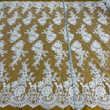 1 Yard Corded Bridal Lace Fabric Embroidered on Net Mesh White