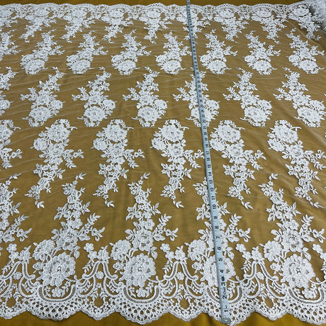 1 Yard Corded Bridal Lace Fabric Embroidered on Net Mesh White