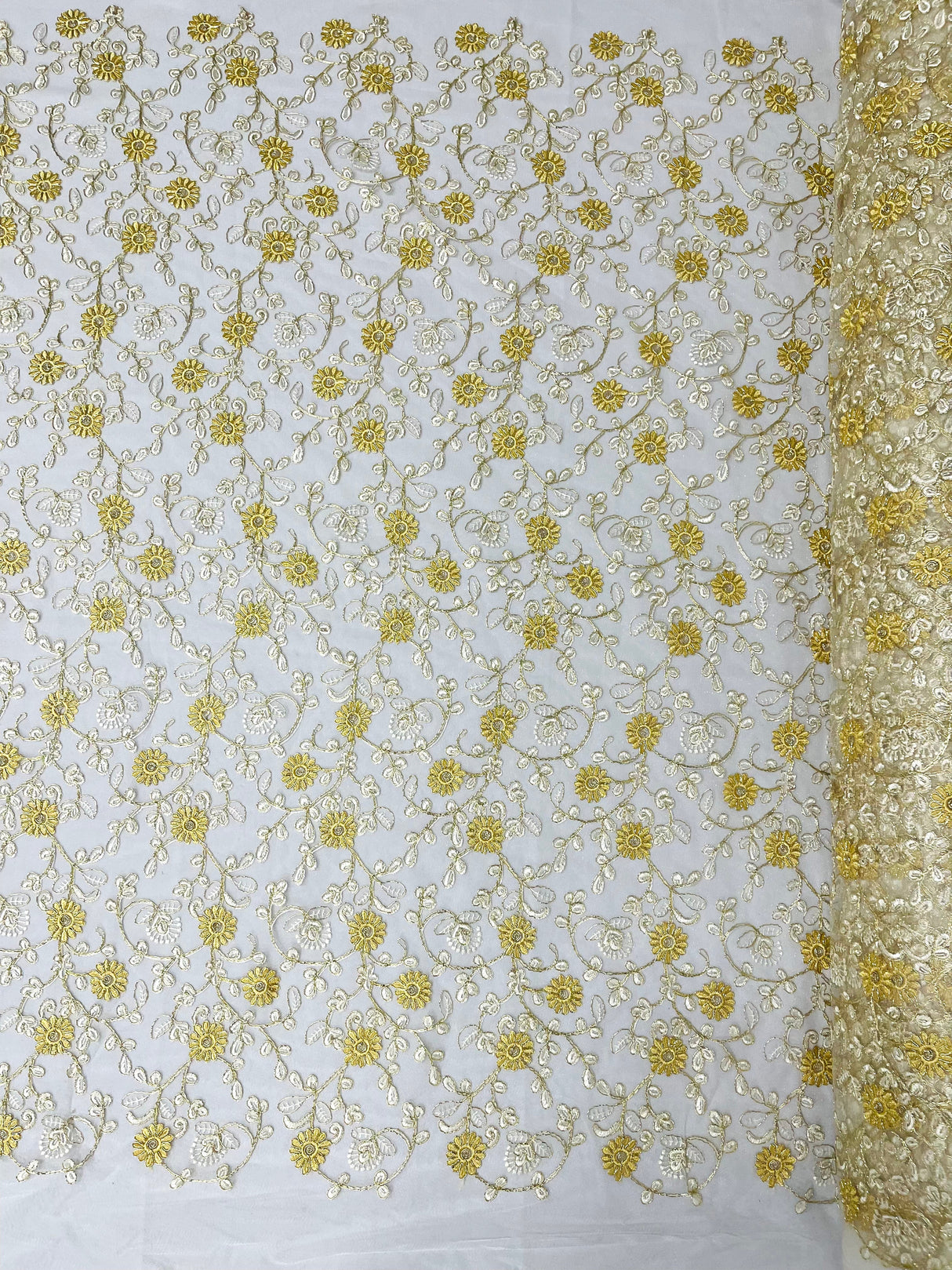 Daisy Multi Color Gold Metallic Floral Design Embroidered On A Red Mesh Lace Fabric - Red Mesh Lace, Gold Metallic Floral Design, 50" Width (1 Yard)