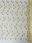 Daisy Multi Color Gold Metallic Floral Design Embroidered On A Red Mesh Lace Fabric - Red Mesh Lace, Gold Metallic Floral Design, 50" Width (1 Yard)
