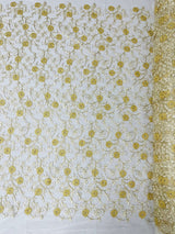 Daisy Multi Color Gold Metallic Floral Design Embroidered On A Red Mesh Lace Fabric - Red Mesh Lace, Gold Metallic Floral Design, 50" Width (1 Yard)