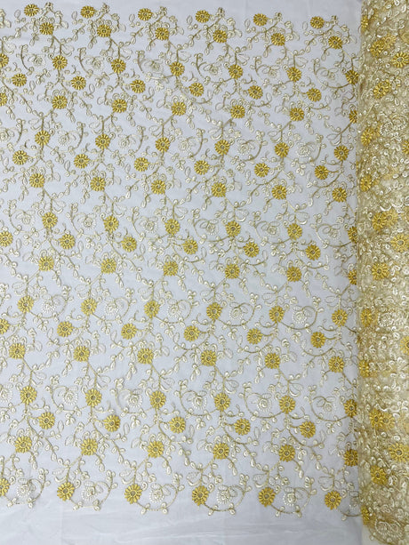 Daisy Multi Color Gold Metallic Floral Design Embroidered On A Red Mesh Lace Fabric - Red Mesh Lace, Gold Metallic Floral Design, 50" Width (1 Yard)