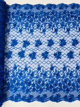 Lia 3D Floral Design Lace Fabric - Beaded Mesh, Double Scallop, 54" Width (1 Yard)