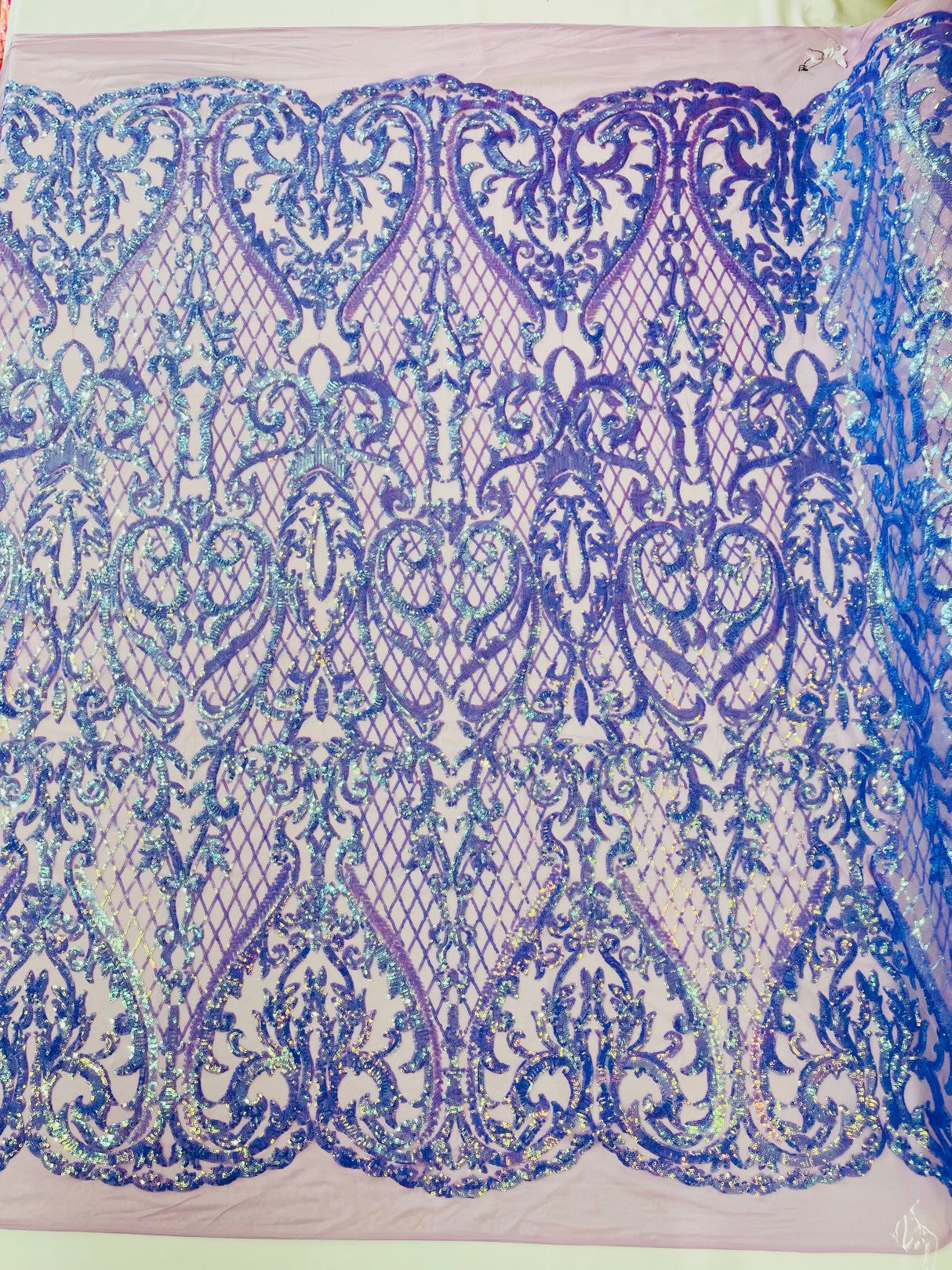 Heart Sequin Damask Polyester Fabric - Heart Damask, Iridescent Sequins, 54" Width (1 Yard)