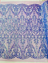 Heart Sequin Damask Polyester Fabric - Heart Damask, Iridescent Sequins, 54" Width (1 Yard)