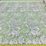 1 Yard Corded & Sequined Bridal Lace Fabric Embroidered on 100% Polyester Net Mesh – Silver – 54"