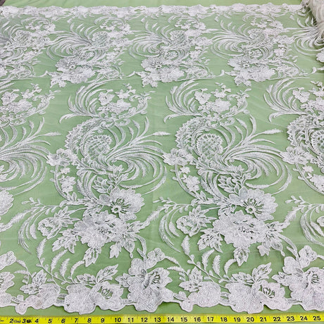 1 Yard Corded & Sequined Bridal Lace Fabric Embroidered on 100% Polyester Net Mesh – Silver – 54"