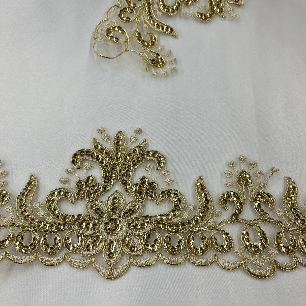 Beaded Corded Floral Lace Trimming Polyester Fabric - Embroidered Net Mesh, 3.5" Width (1 Yard)