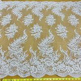 1 Yard Elegant Beaded and Corded Bridal Lace Fabric Embroidered on 100% Polyester Net Mesh White