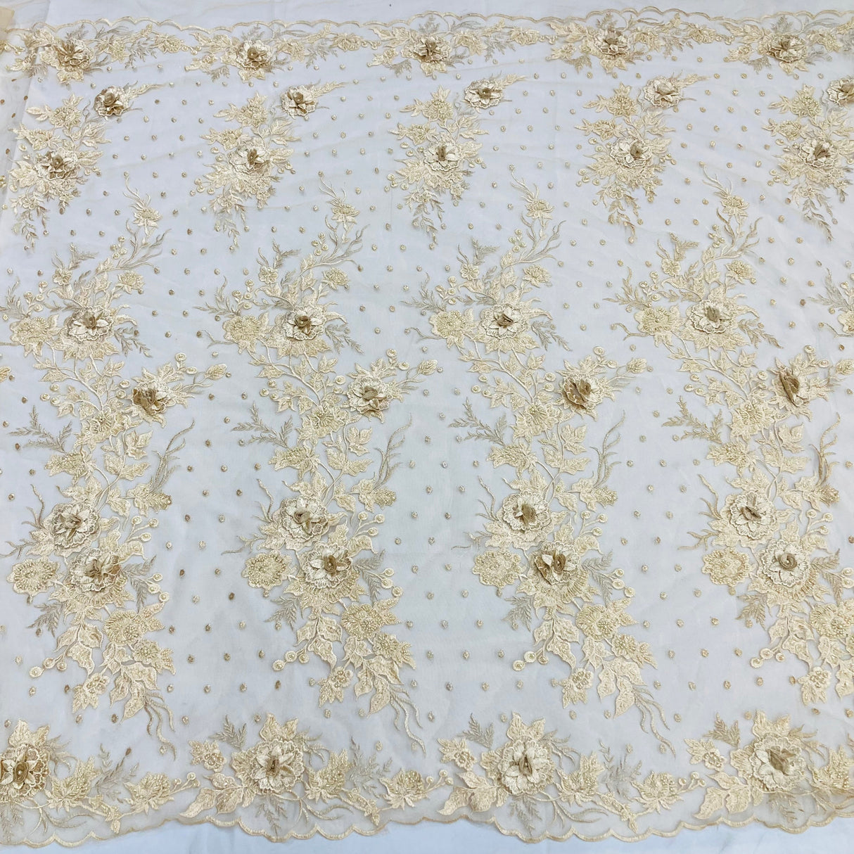 Beaded 3D Floral Lace Polyester Fabric - Embroidered Net Mesh, 50" Width, Purple, Gold, Royal, Red (1 Yard)