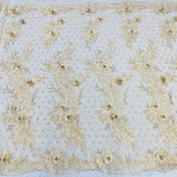 Beaded 3D Floral Lace Polyester Fabric - Embroidered Net Mesh, 50" Width, Purple, Gold, Royal, Red (1 Yard)