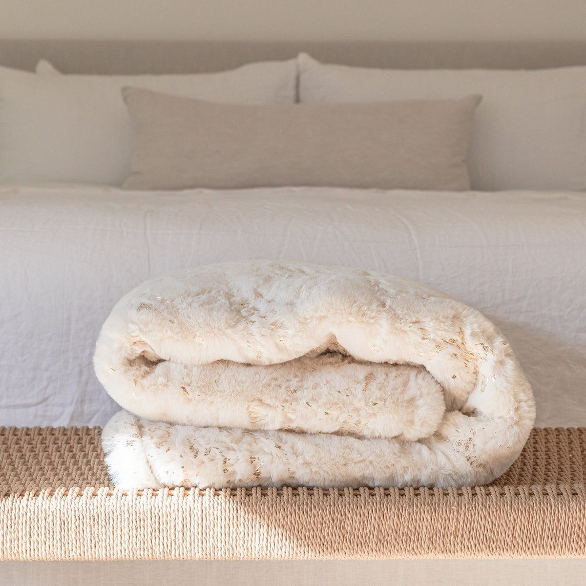 Metallic Golden Shimmery Faux Rabbit Soft Throw Blanket for Luxurious Décor