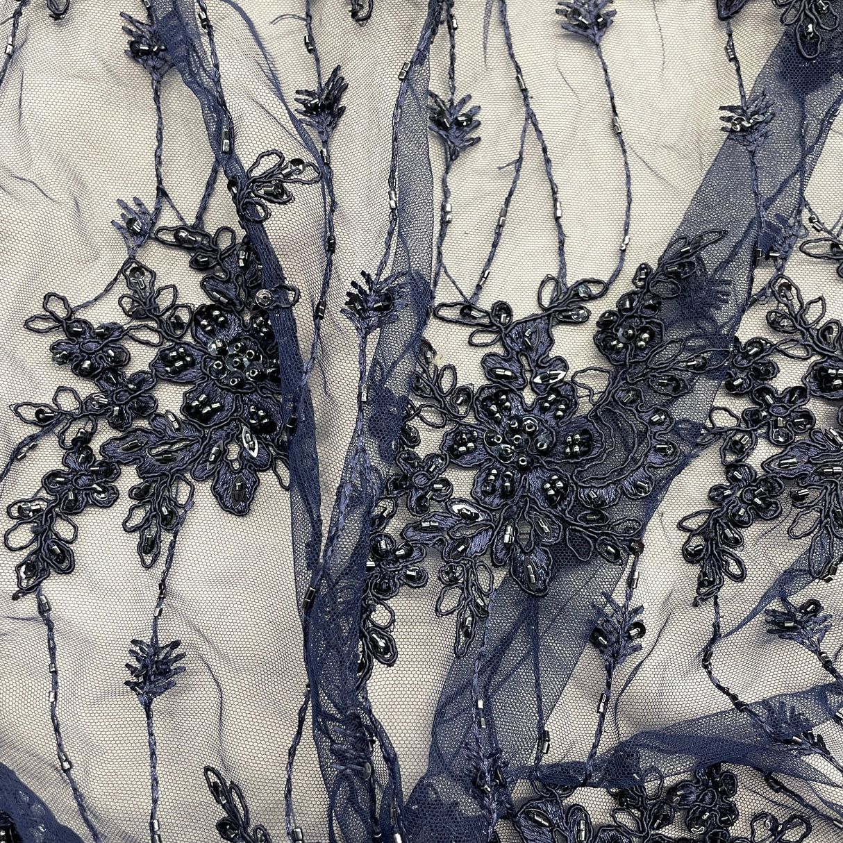 Beaded Corded Bridal Lace Fabric - Black, Navy, 51" Width (1 Yard)