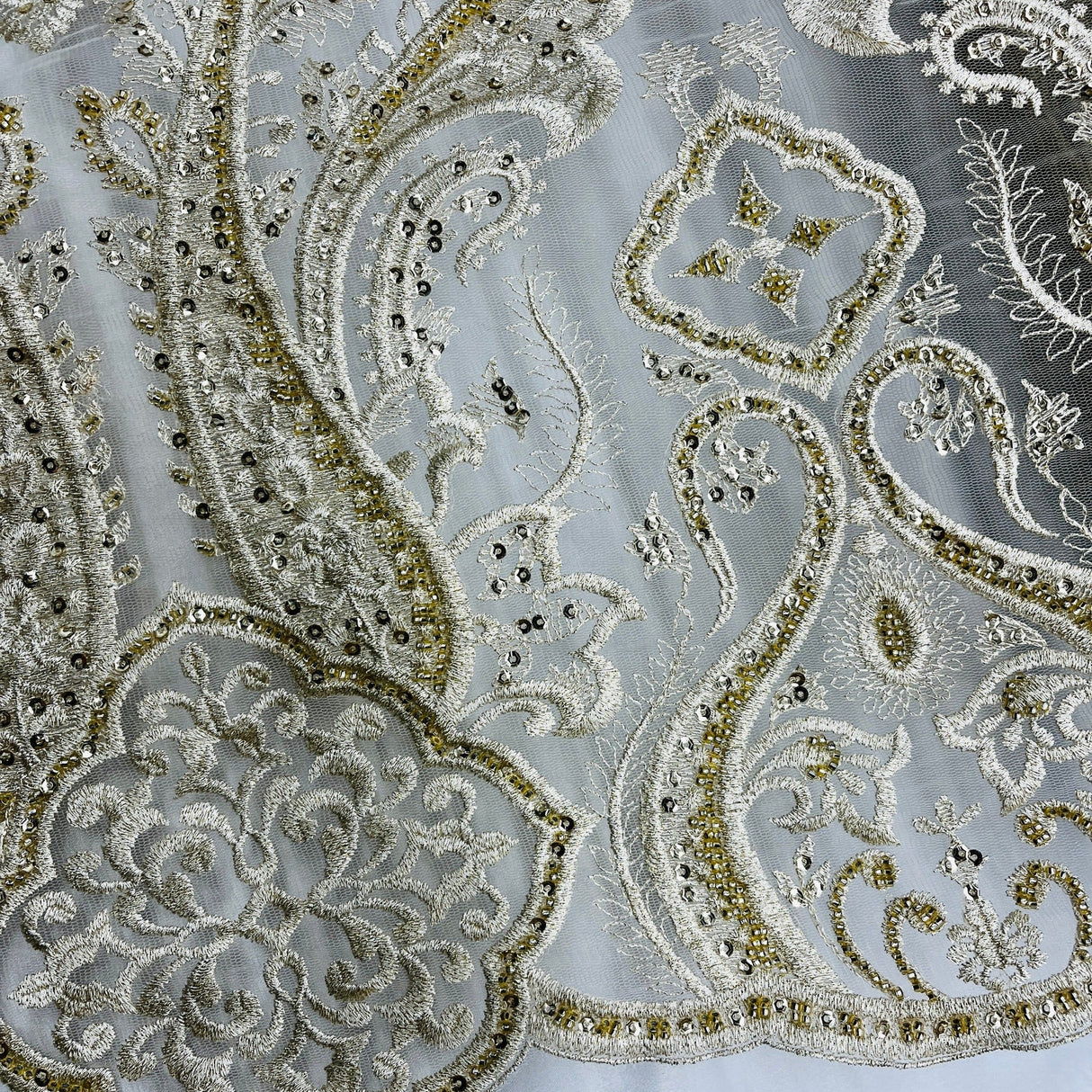 Beaded Lace Fabric on Polyester Net Mesh
